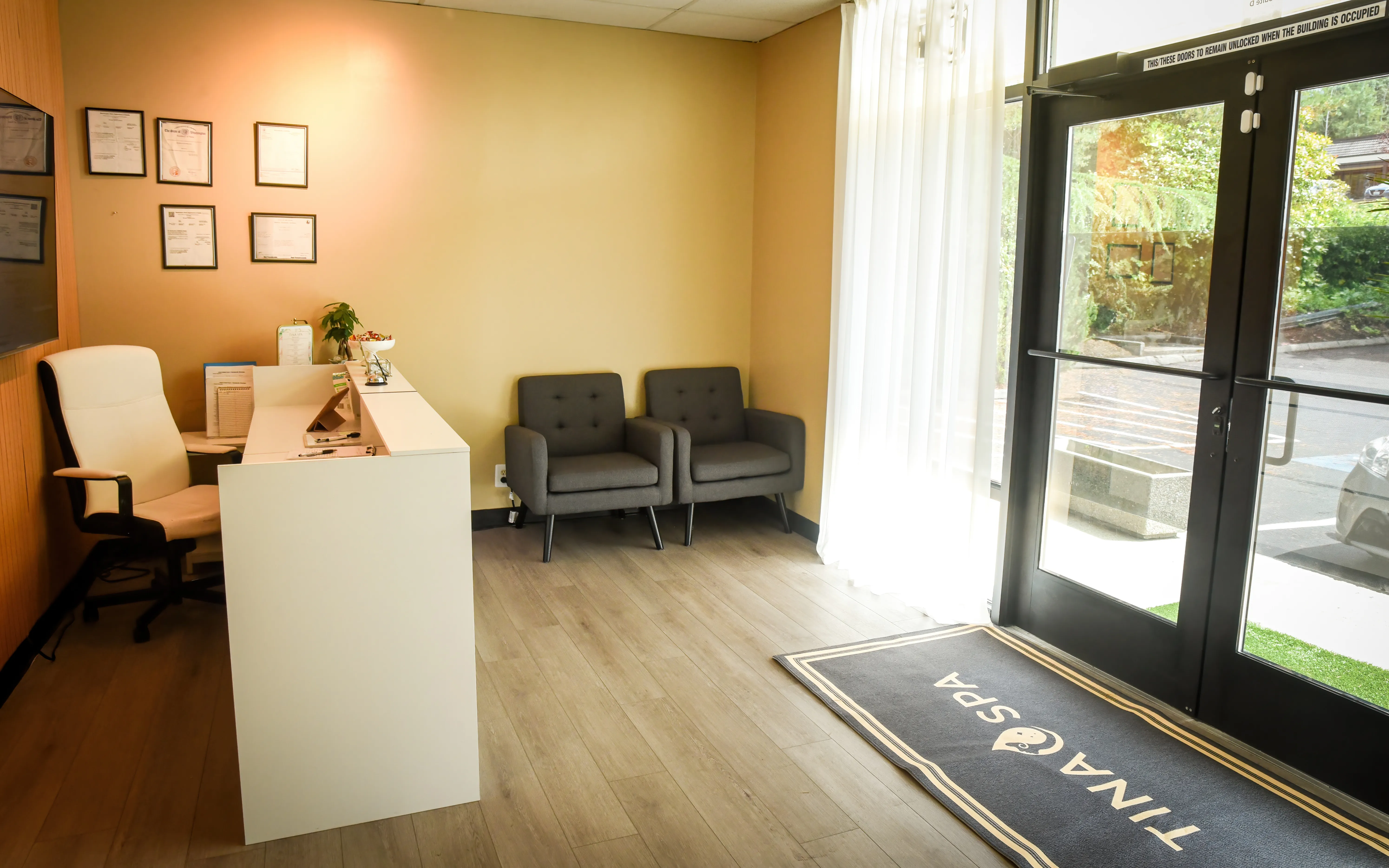Waiting area at Tina Spa, Bellevue massage studio